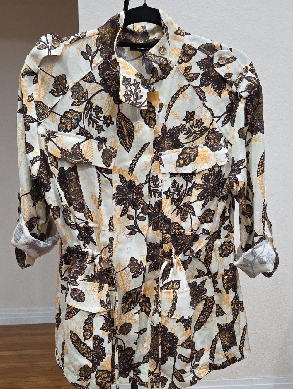 Karen Millen Cream Floral Jacket with Brown and Mustard Accents - Sz 6